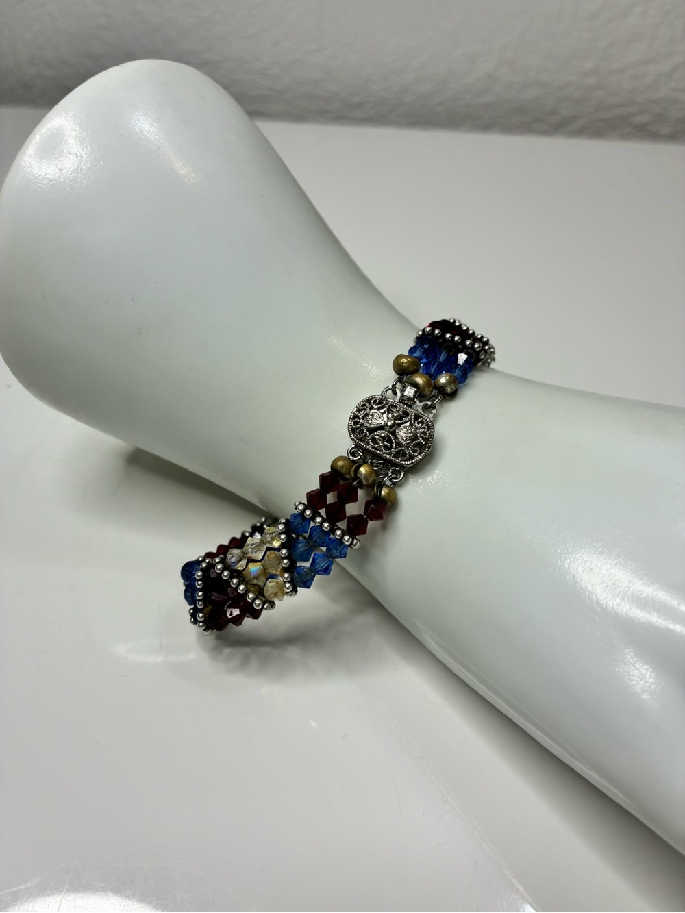 Patriotic Multi-Color Austrian Crystal Bracelet w/Filigree Accent Clasp